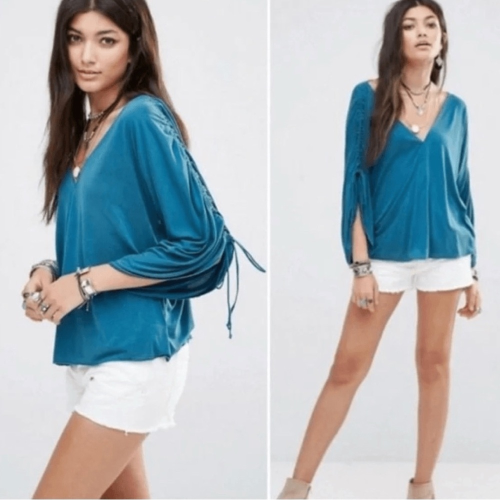 Free People Salt N Peppa Strappy Ruched Sleeve Jade Top S